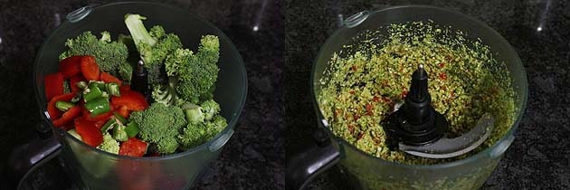Collage of 2 images showing adding red pepper and broccoli in food processor and crushed.