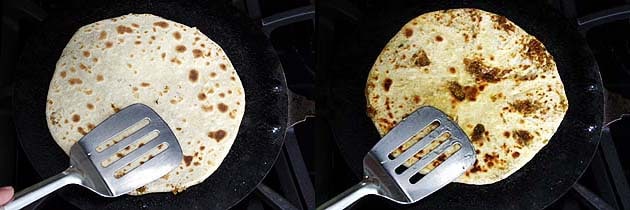 Collage of 2 images showing cooking paratha by pressing with spatula.