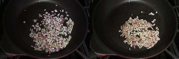 Collage of 2 images showing adding and cooking onion.