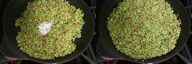 Collage of 2 images showing adding crushed broccoli, pepper and cooking.