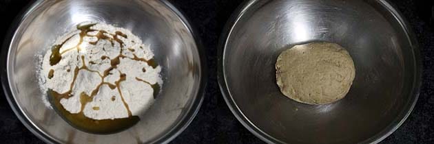 Collage of 2 images showing adding oil in the dry flour and ready dough.