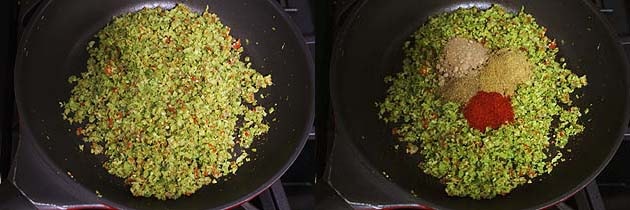 Collage of 2 images showing cooked mixture and adding spice powders.