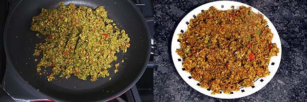 Collage of 2 images showing mixed spices and stuffing removed in a plate.