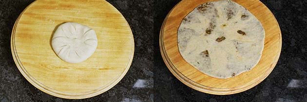 Collage of 2 images showing sealing edges and rolled paratha.