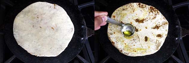 Collage of 2 images showing placing paratha on tawa and adding oil.
