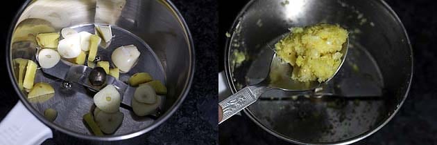 Collage of 2 images showing adding ginger garlic in the grinder jar and crushed.