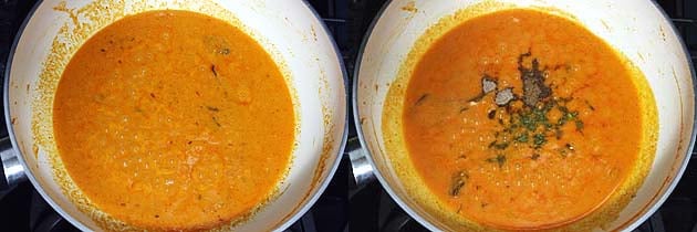 Collage of 2 images showing adding and mixing garam masala and kasoori methi.