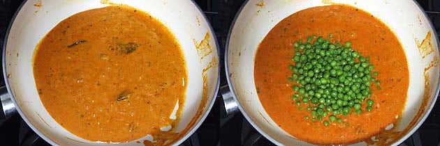 Collage of 2 images showing adding and mixing cooked peas.