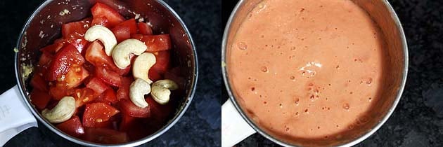 Collage of 2 images showing adding tomatoes and cashes in a grinder jar and pureed.