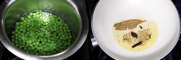 Collage of 2 images showing cooking peas in the water and tempering whole spices.