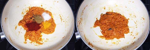 Collage of 2 images showing adding and mixing spice powders.