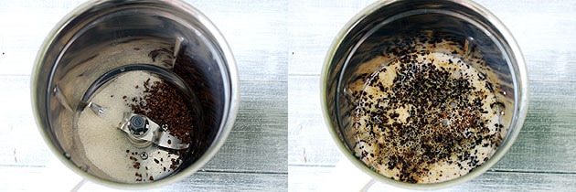 Collage of 2 images showing adding coffee, sugar and milk in the blender.