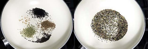 Collage of 2 images showing rosting achari spices.