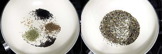 Collage of 2 images showing rosting achari spices.
