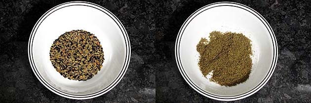 Collage of 2 images showing roasted spices in a bowl and ground into powder.