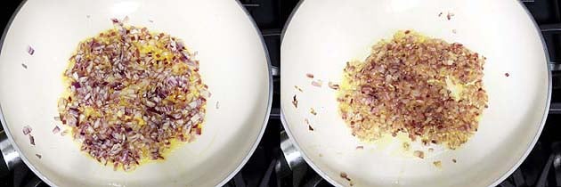 Collage of 2 images showing adding and cooking onion.