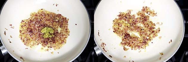 Collage of 2 images showing adding and cooking ginger, garlic and green chili.