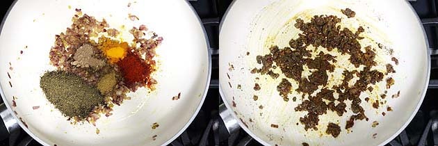 Collage of 2 images showing adding and mixing spice powders.