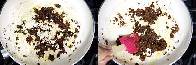 Collage of 2 images showing adding and roasting besan.