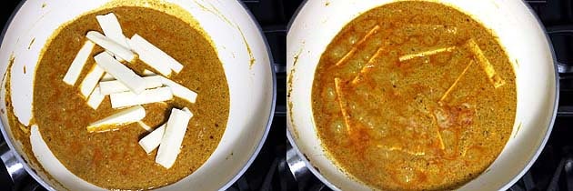 Collage of 2 images showing adding paneer and simmering gravy.