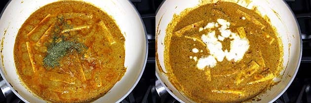 Collage of 2 images showing adding kasoori methi, garam masala and cream.