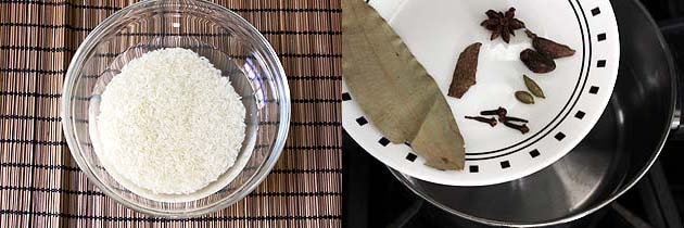Collage of 2 images showing soaking rice and adding whole spices to water.
