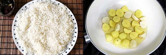 Collage of 2 images showing cooked rice on a plate and cooking potatoes.