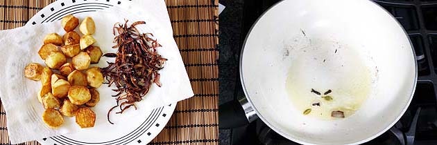 Collage of 2 images showing removed fried onion in a plate and tempering of whole spices.