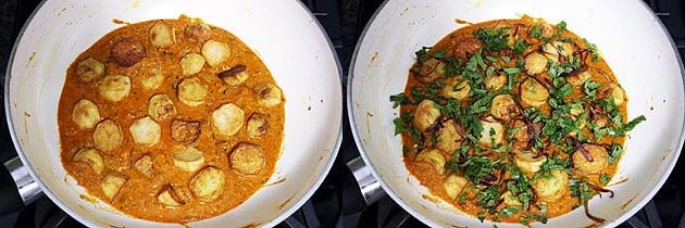 Collage of 2 images showing spreading cooked potatoes on the gravy with sprinkle of fried onions and herbs.