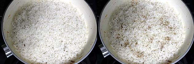 Collage of 2 images showing spreading a layer of rice and sprinkling garam masala.