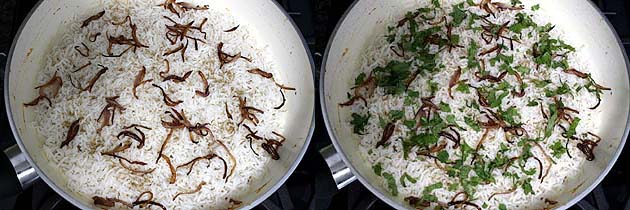 Collage of 2 images showing sprinkling fried onions and herbs.