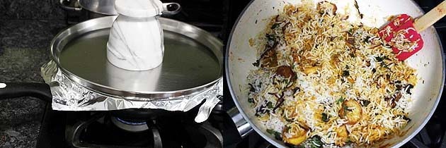 Collage of 2 images showing pan is covered and weight is put on top, cooked biryani.