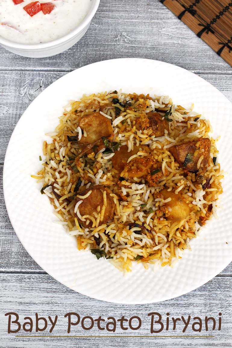 Baby potato biryani served with raita.