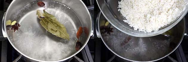 Collage of 2 images showing boiling water and adding drained rice.