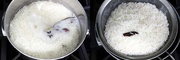 Collage of 2 images showing boiling rice and water is drained.