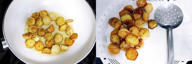 Collage of 2 images showing cooked potatoes in a pan and removed on a plate.