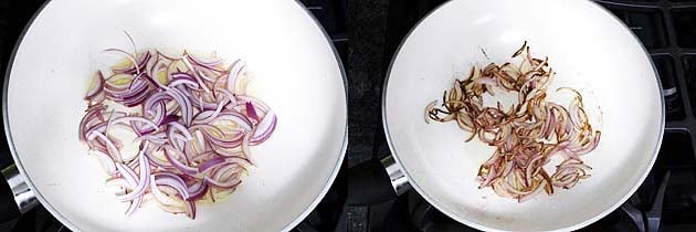 Collage of 2 images showing frying onions.