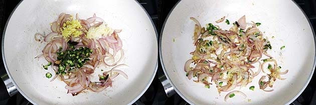 Collage of 2 images showing adding and cooking ginger, garlic and green chili.