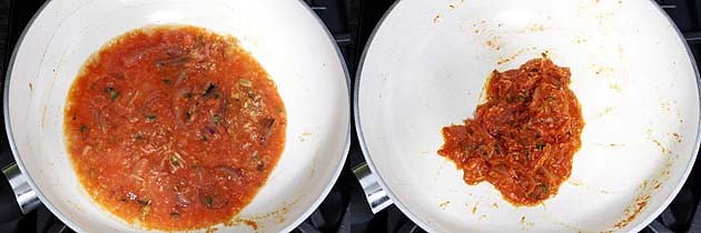 Collage of 2 images showing adding and cooking tomato puree.