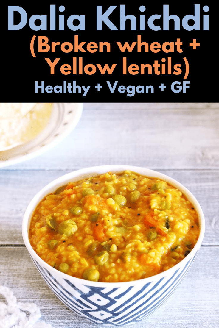 This dalia khichdi is full of nutritions. It is made with bulgur (broken wheat), moong dal (yellow lentils), lots of vegetables and few basic Indian spices. This is very healthy and light on stomach. Make this easy, vegan and gluten free masala dalia khichdi for lunch box or light dinner. #healthy #bulgur #indianfood #lunchbox #khichdi