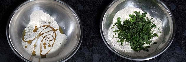 Collage of 2 images showing adding oil and mint leaves to flour.