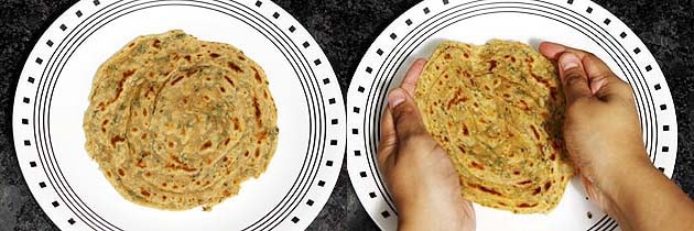 Collage of 2 images showing cooked paratha and crushing to separate layers.