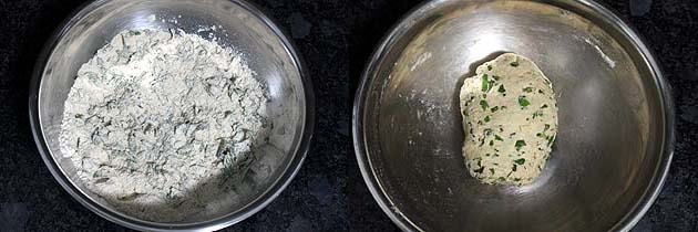 Collage of 2 images showing mixing flour mixture and ready paratha dough.