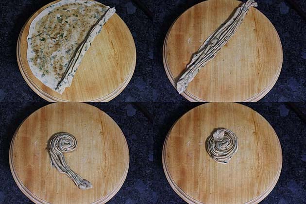 Collage of 4 images showing pleating the paratha and shaping into spiral.