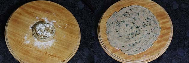 Collage of 2 images showing dusting with dry flour and rolling paratha.