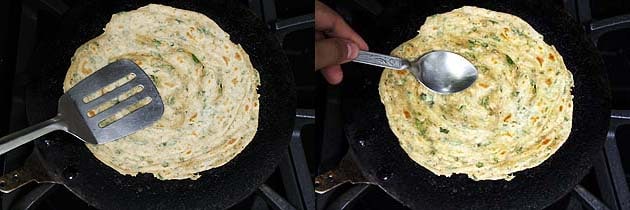 Collage of 2 images showing frying paratha on the stove.