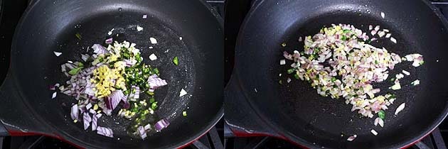 Collage of 2 images showing adding and cooking onion, ginger, garlic, chili.