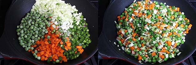 Collage of 2 images showing adding and mixing veggies.