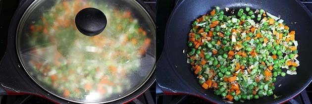 Collage of 2 images showing veggies cooking covered and cooked veggies.