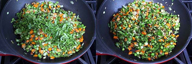 Collage of 2 images showing adding herbs and mixing.